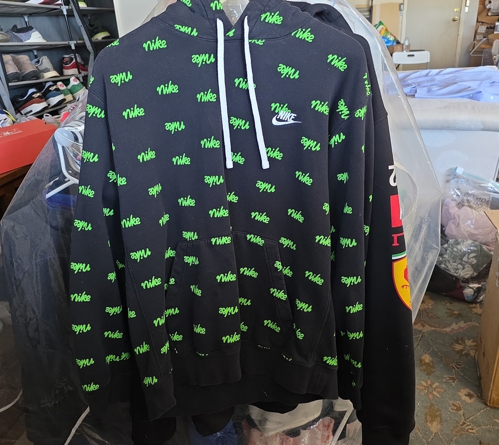 Nike Black Hoodie with Neon Green Script Logo All-Over Print